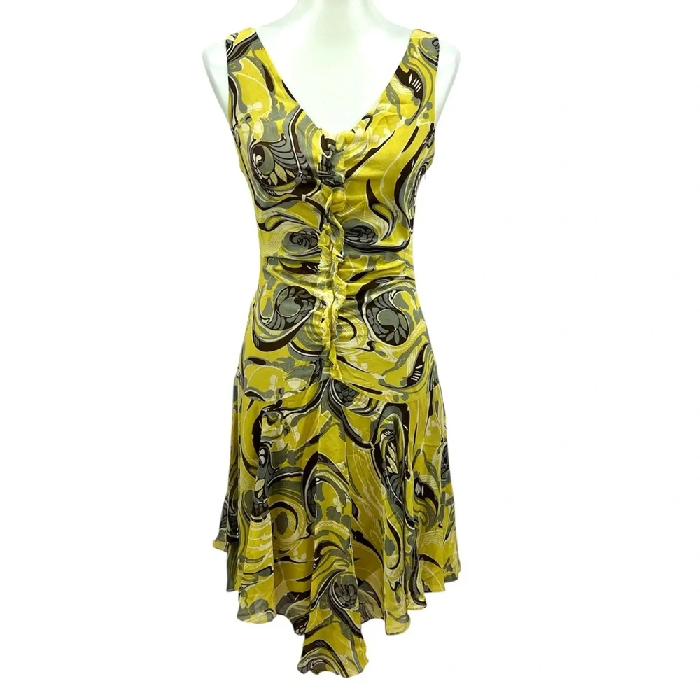 Vintage BCBG Maxazria Y2K Chartreuse Psychedelic Paisley Silk Art Deco Dress